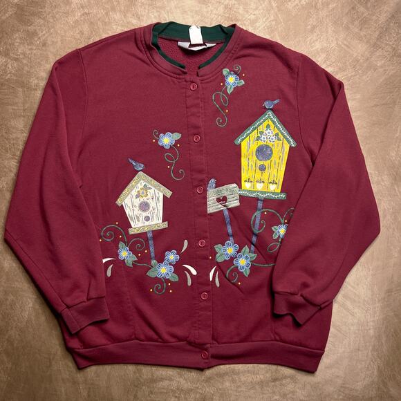 Vintage 90s Blair Birdhouse Bird Floral Print Cardigan Sweater Maroon Button Up - Picture 1 of 6